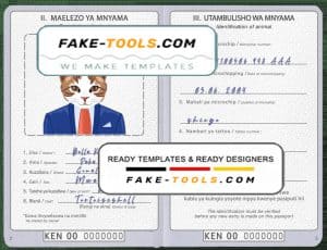 Kenya cat (animal, pet) passport PSD template, completely editable