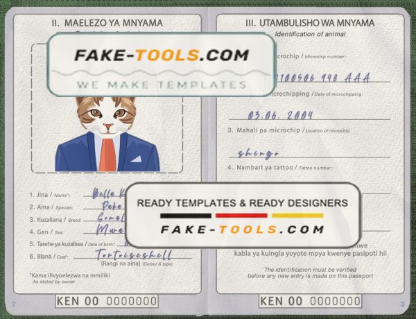Kenya cat (animal, pet) passport PSD template, completely editable scan effect