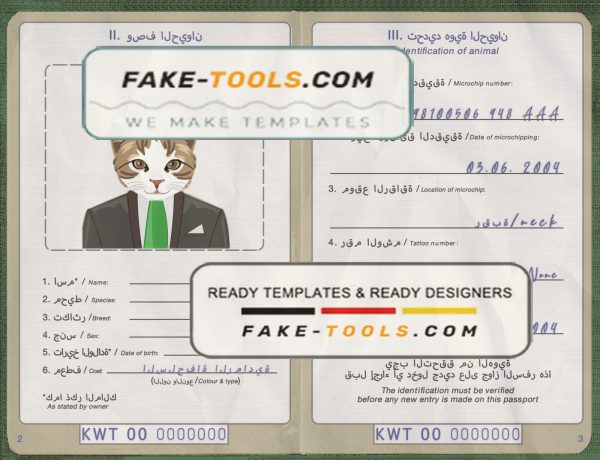 Kuwait cat (animal, pet) passport PSD template, fully editable scan effect
