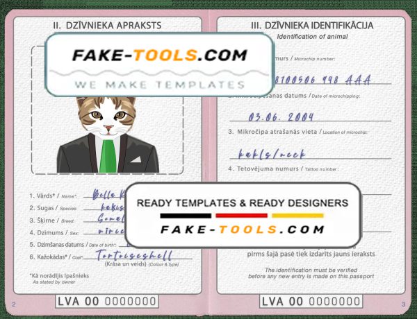 Latvia cat (animal, pet) passport PSD template, fully editable