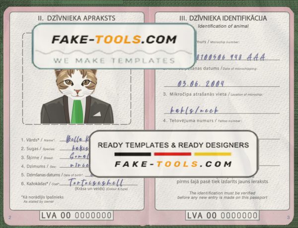 Latvia cat (animal, pet) passport PSD template, fully editable scan effect