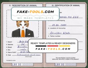 Liberia cat (animal, pet) passport PSD template, fully editable