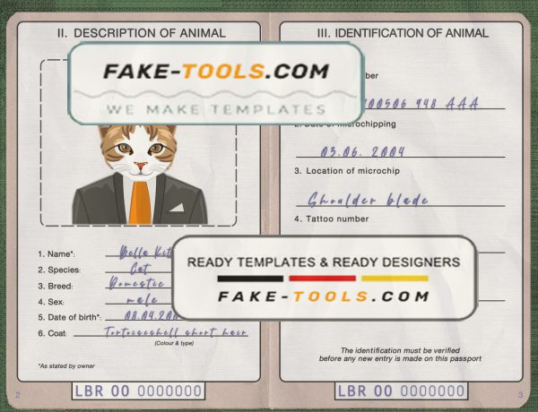 Liberia cat (animal, pet) passport PSD template, fully editable scan effect
