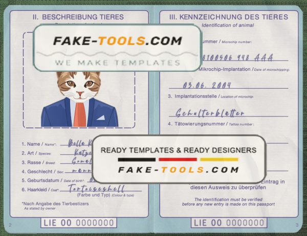 Liechtenstein cat (animal, pet) passport PSD template, fully editable scan effect
