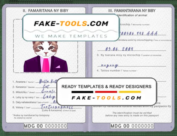Madagascar cat (animal, pet) passport PSD template, fully editable