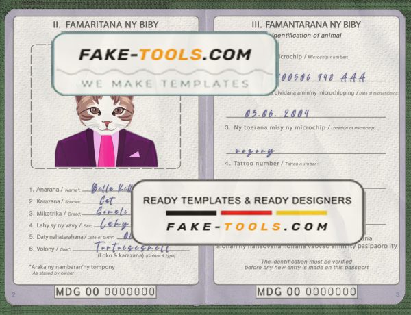 Madagascar cat (animal, pet) passport PSD template, fully editable scan effect