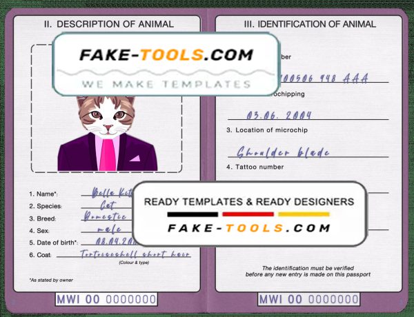 Malawi cat (animal, pet) passport PSD template, completely editable