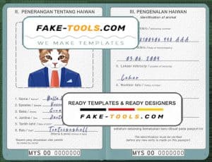 Malaysia cat (animal, pet) passport PSD template, completely editable