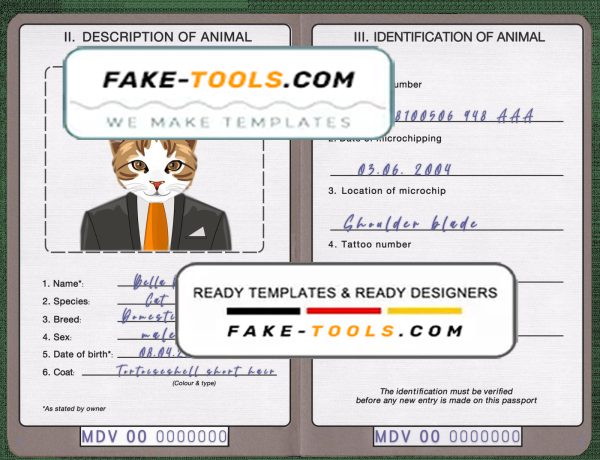 Maldives cat (animal, pet) passport PSD template, fully editable