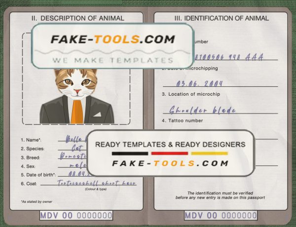 Maldives cat (animal, pet) passport PSD template, fully editable scan effect