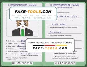 Mali cat (animal, pet) passport PSD template, completely editable