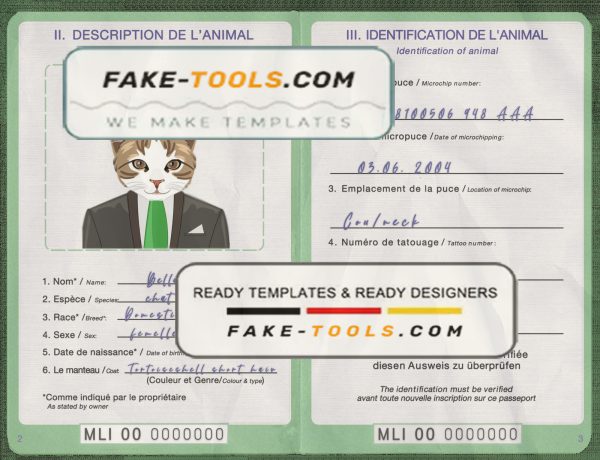 Mali cat (animal, pet) passport PSD template, completely editable scan effect