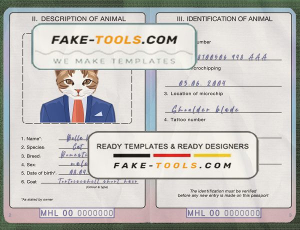 Marshall Islands cat (animal, pet) passport PSD template, fully editable scan effect