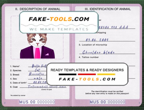 Mauritius cat (animal, pet) passport PSD template, fully editable