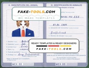 Mexico cat (animal, pet) passport PSD template, completely editable