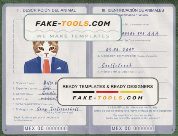 Mexico cat (animal, pet) passport PSD template, completely editable scan effect