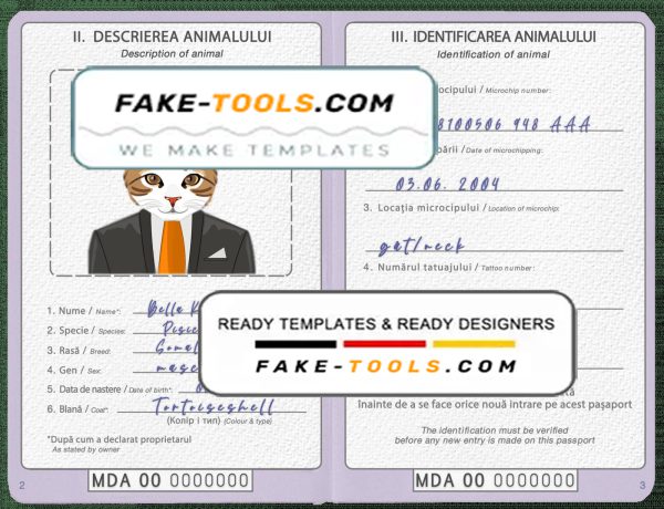 Moldova cat (animal, pet) passport PSD template, completely editable