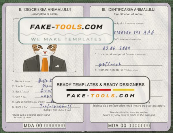 Moldova cat (animal, pet) passport PSD template, completely editable scan effect