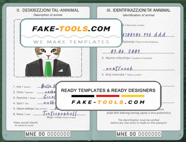 Montenegro cat (animal, pet) passport PSD template, fully editable
