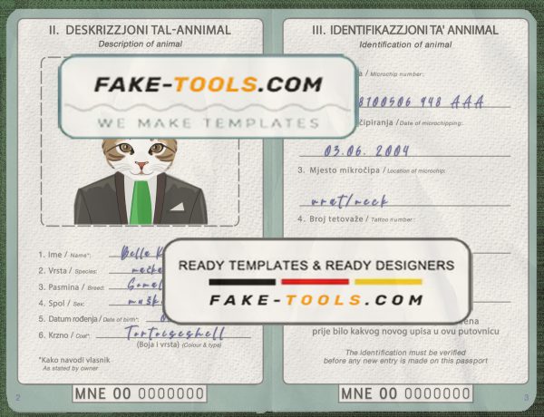 Montenegro cat (animal, pet) passport PSD template, fully editable scan effect