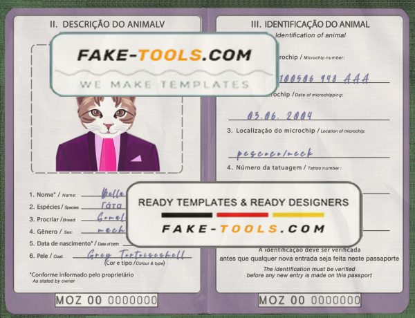 Mozambique cat (animal, pet) passport PSD template, fully editable scan effect