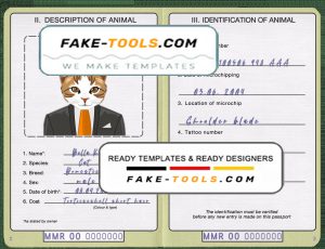 Myanmar cat (animal, pet) passport PSD template, completely editable