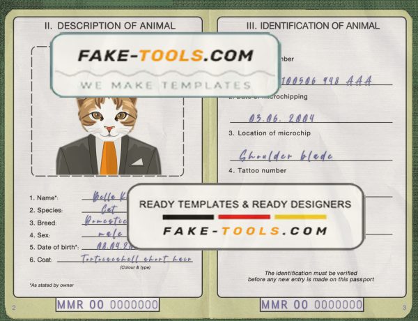 Myanmar cat (animal, pet) passport PSD template, completely editable scan effect