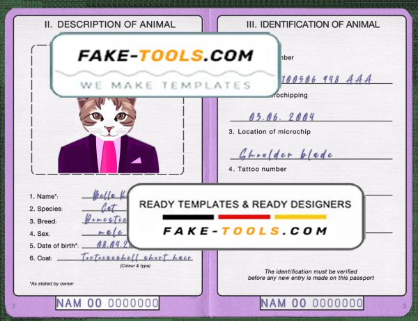 Namibia cat (animal, pet) passport PSD template, fully editable