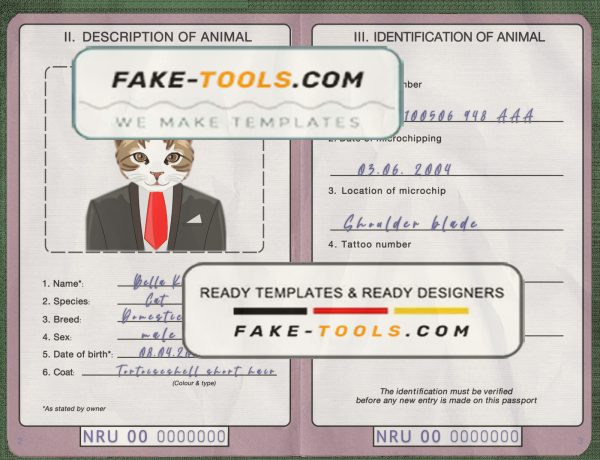 Nauru cat (animal, pet) passport PSD template, fully editable scan effect
