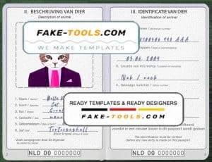 Netherlands cat (animal, pet) passport PSD template, fully editable
