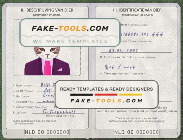 Netherlands cat (animal, pet) passport PSD template, fully editable scan effect