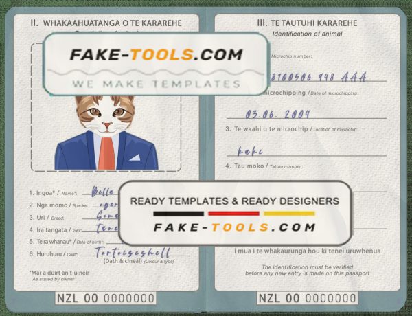New Zealand cat (animal, pet) passport PSD template, fully editable scan effect