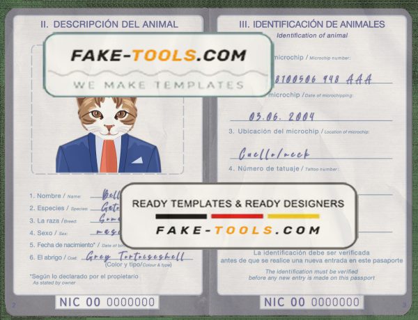 Nicaragua cat (animal, pet) passport PSD template, fully editable scan effect
