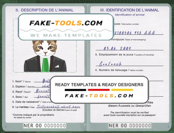 Niger cat (animal, pet) passport PSD template, completely editable