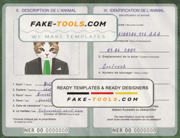 Niger cat (animal, pet) passport PSD template, completely editable scan effect