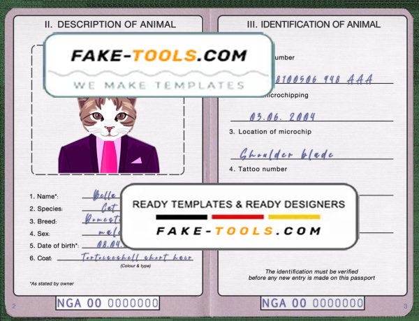 Nigeria cat (animal, pet) passport PSD template, fully editable