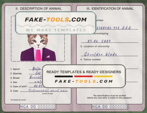 Nigeria cat (animal, pet) passport PSD template, fully editable scan effect