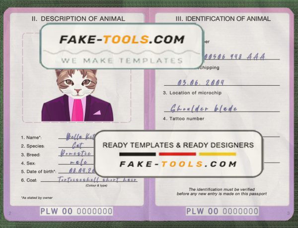Palau cat (animal, pet) passport PSD template, fully editable scan effect