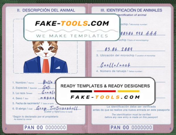 Panama cat (animal, pet) passport PSD template, completely editable
