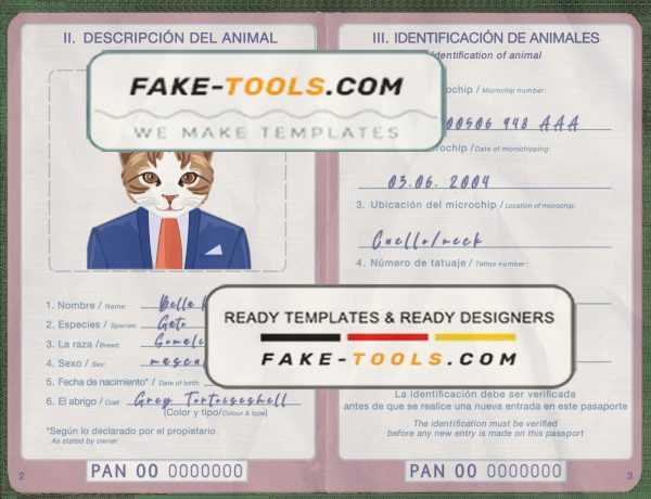 Panama cat (animal, pet) passport PSD template, completely editable scan effect