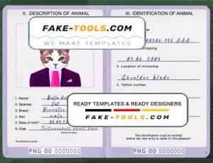 Papua New Guinea cat (animal, pet) passport PSD template, fully editable