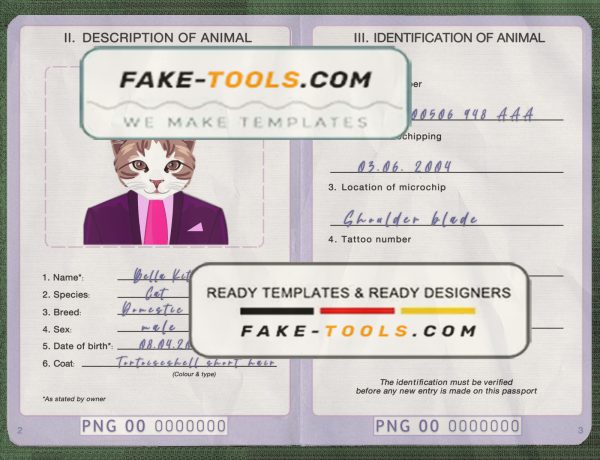 Papua New Guinea cat (animal, pet) passport PSD template, fully editable scan effect