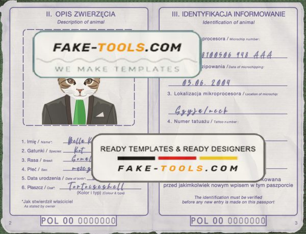 Poland cat (animal, pet) passport PSD template, fully editable scan effect