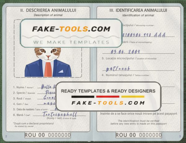 Romania cat (animal, pet) passport PSD template, fully editable scan effect