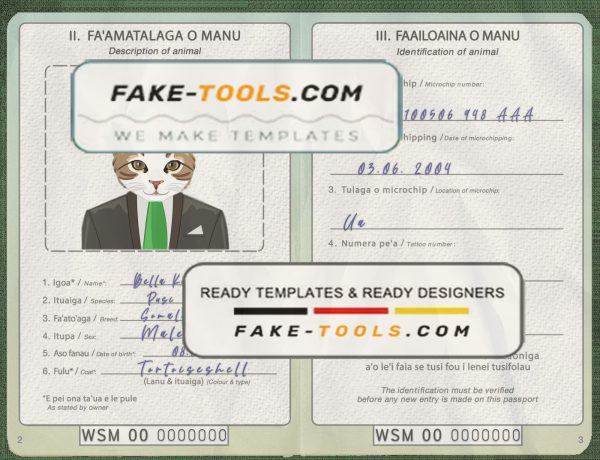 Samoa cat (animal, pet) passport PSD template, completely editable scan effect