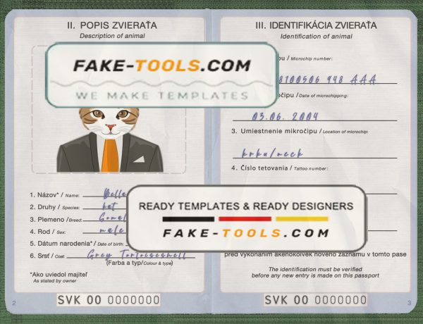 Slovakia cat (animal, pet) passport PSD template, fully editable scan effect