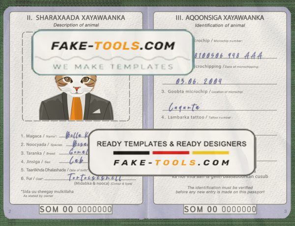 Somalia cat (animal, pet) passport PSD template, fully editable scan effect