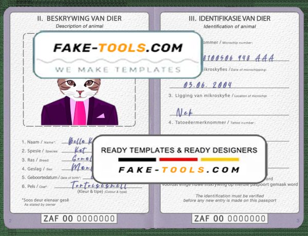 South Africa cat (animal, pet) passport PSD template, fully editable