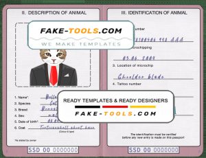 South Sudan cat (animal, pet) passport PSD template, fully editable