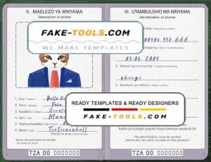 Tanzania cat (animal, pet) passport PSD template, completely editable